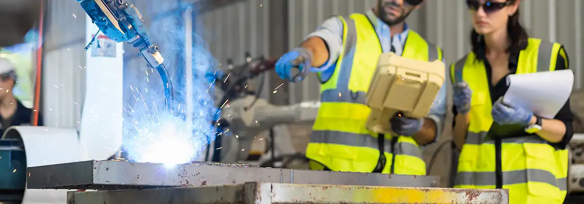 Zwei Ingenieure, ein Mann und eine Frau, arbeiten mit einem Roboterarmsystem zum Schweißen in einer Produktionsstätte. Ingenieur überprüft und wartet das Roboterarmsystem zum Schweißen.